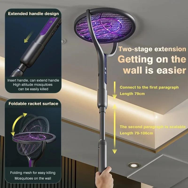 2800V 106CM Extendable Electric Mosquito Racket Rotating Head 2 In 1 Bug Swatter Rechargeable Adjustable Grid Gnat Trap Catcher