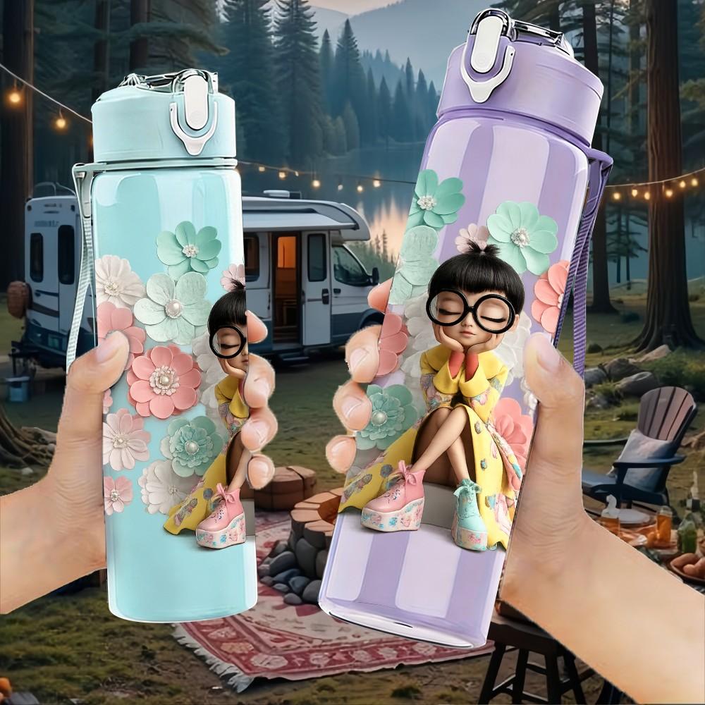 1PC Little Girl Prayer Floral Surround Print 750ml Color Plastic Sports Water Bottle Leakproof Flip Straw Lid Suitable for Sports Office Home Use