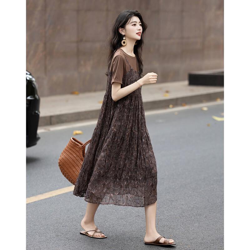 Demana Summer French A-Line T-Shirt Style Faux Two-Piece Dress
