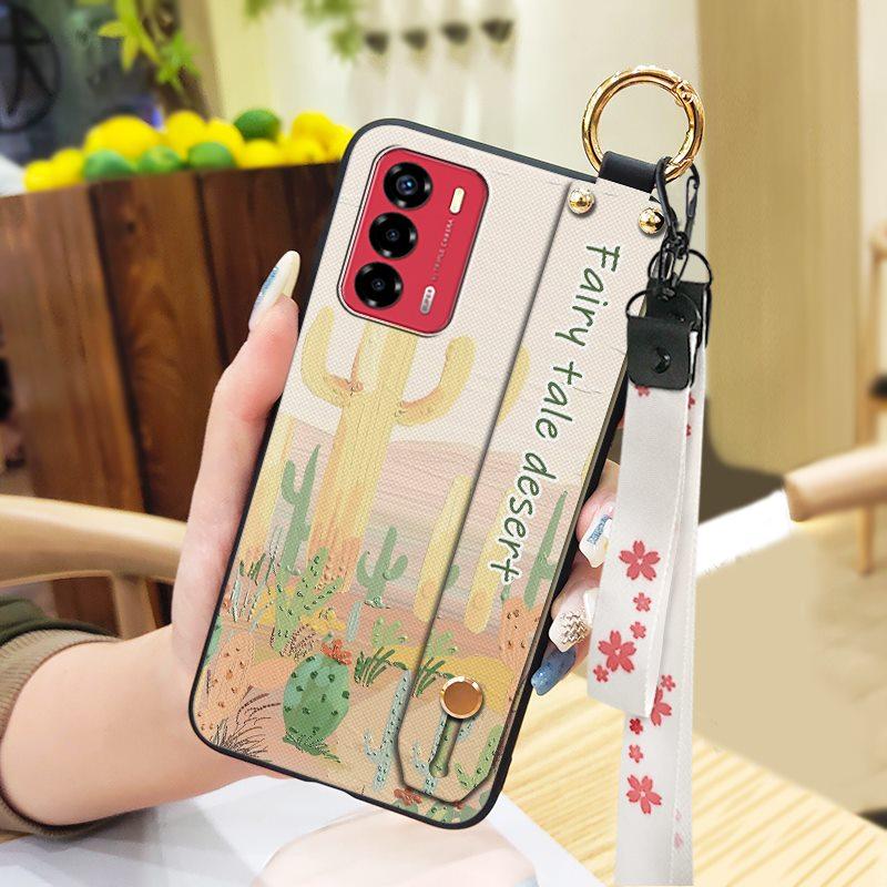Durable Lanyard Phone Case For ZTE Blade V40 Vita/A72 Ring Anti-dust Fashion Design Silicone Kickstand Waterproof Flower
