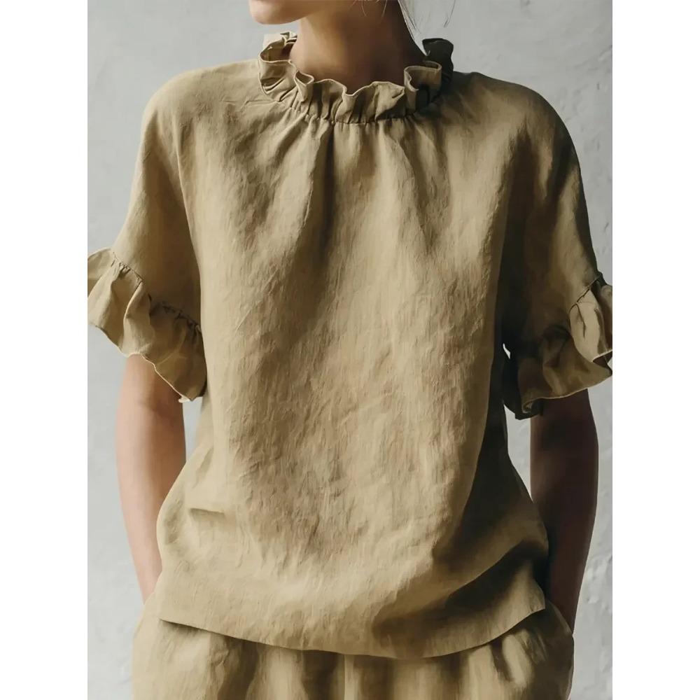 Women Summer New Solid Color Casual Loose Ruffle Short Sleeve Blouse