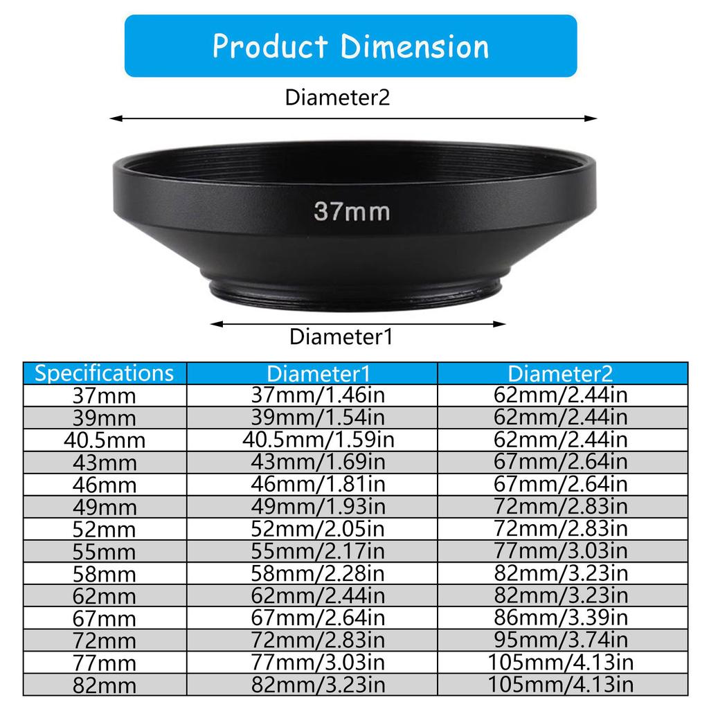 Wide-Angle Lens Hood for DSLR Cameras 39mm 40.5mm 43mm 46mm 49mm 52mm 55mm 58mm 62mm 72mm 77mm 82mm Metal