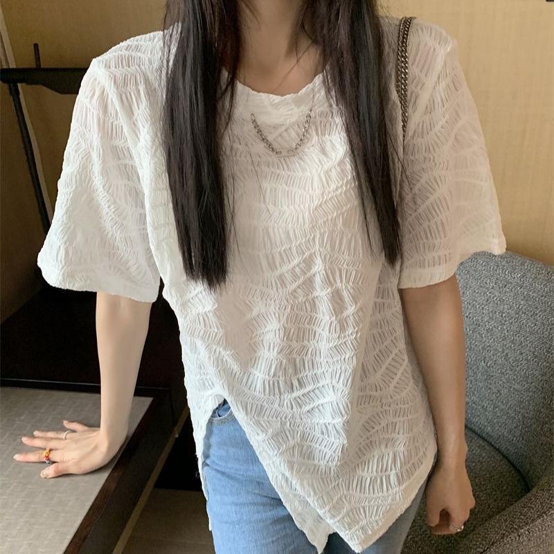 Irregular Texture Women s T-shirt Side Hem Slit Round Neck with Chain decoration Short Sleeved Tees Summer New version Loose Woman Top M белый