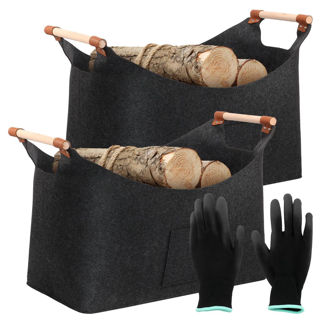 2Pcs Felt Firewood Basket with Gloves Foldable Large Capacity Firewood Wood Carrier Bag Household Toy Clothes Storage Basket
