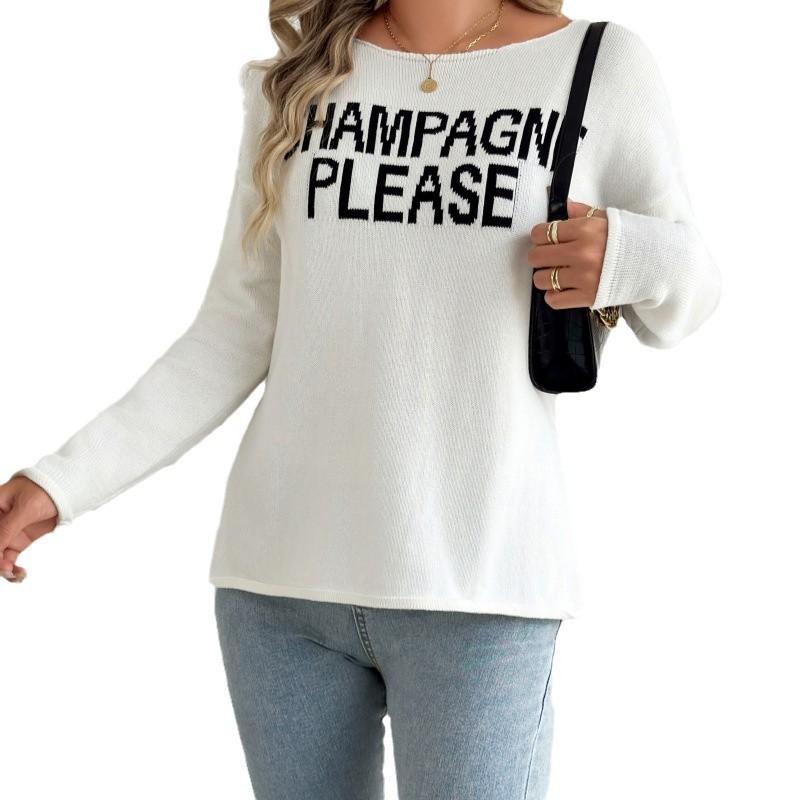 Womens Loose Fit Round Neck Knit Sweater With Letter Print Split Hem Casual Long Sleeve Top