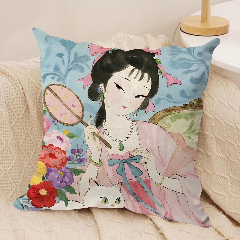 Chinese Ancient Style Beauty Cushion Cover Pillowcase Ultra Soft Skin Friendly Fabric Cloud Like Comfort  Concealed Zipper