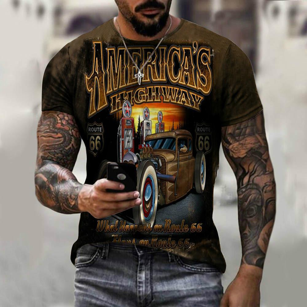 Summer New 3D Printed US Route 66 Cool Round Neck Men's T-shirt