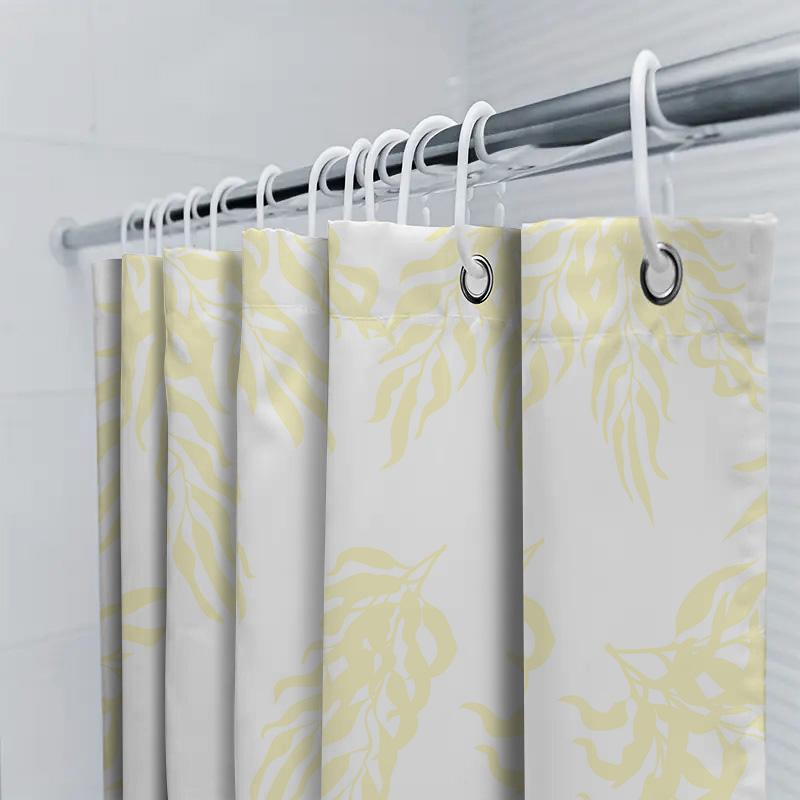 White Shower Curtain With Leaf Print Bath Decor For Home Use