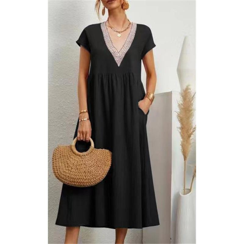 European And American Style Ladies Summer New Product Lace V-neck Loose Cotton And Linen Pocket Dress