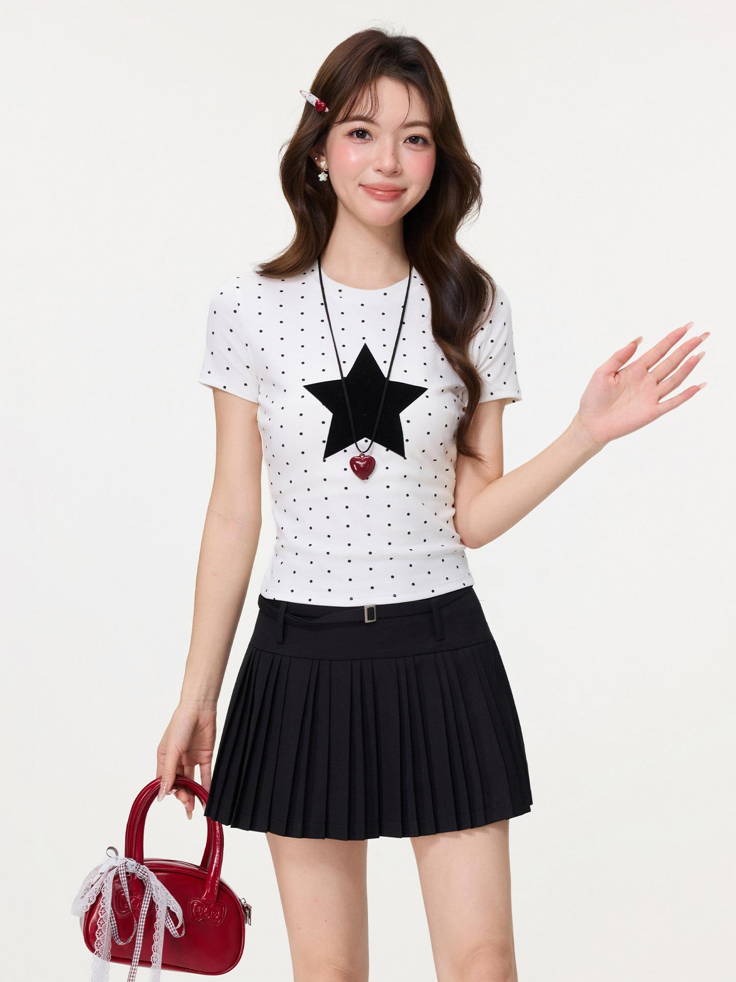 

Spice Girl Crew Neck Beige Star Polka Dot Short Sleeve T-Shirt Women s Spring and Summer Slim and Skinny Short Top S