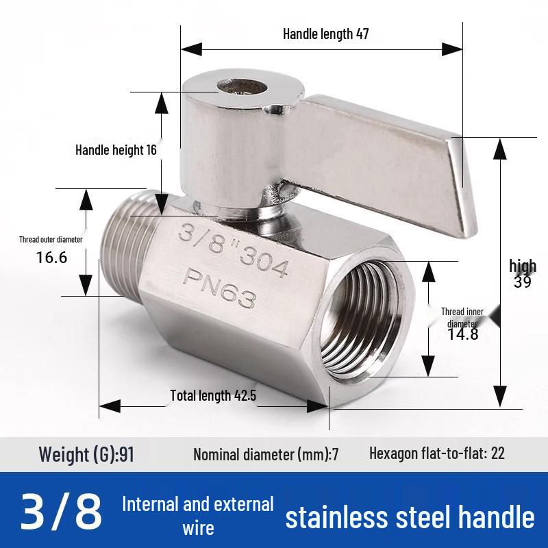 Mini Ball Valve 304 Stainless Steel, Internal/External Thread, 6/4 Points