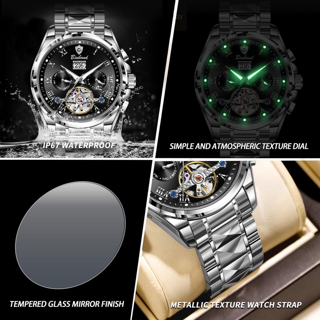 BINBOND Mechanical Wristwatches For Men Tourbillon Luminous Waterproof Automatic Men's Watch Original Skeleton Luxury Reloj