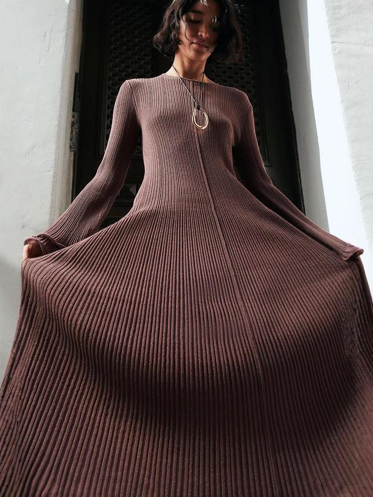 2026 Women's Pleated Wave Edge Lace-up Backless Long Sleeve Dress