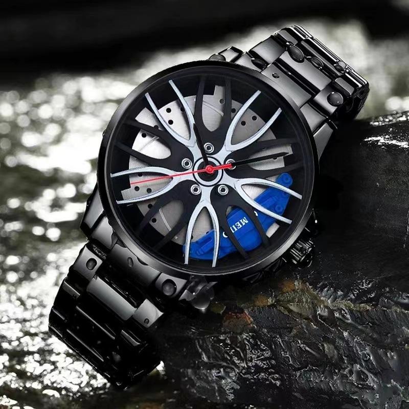 Watch Men'S Fashion Sports Personality Racing Wheel Black Steel Belt Quartz Watch Men'S