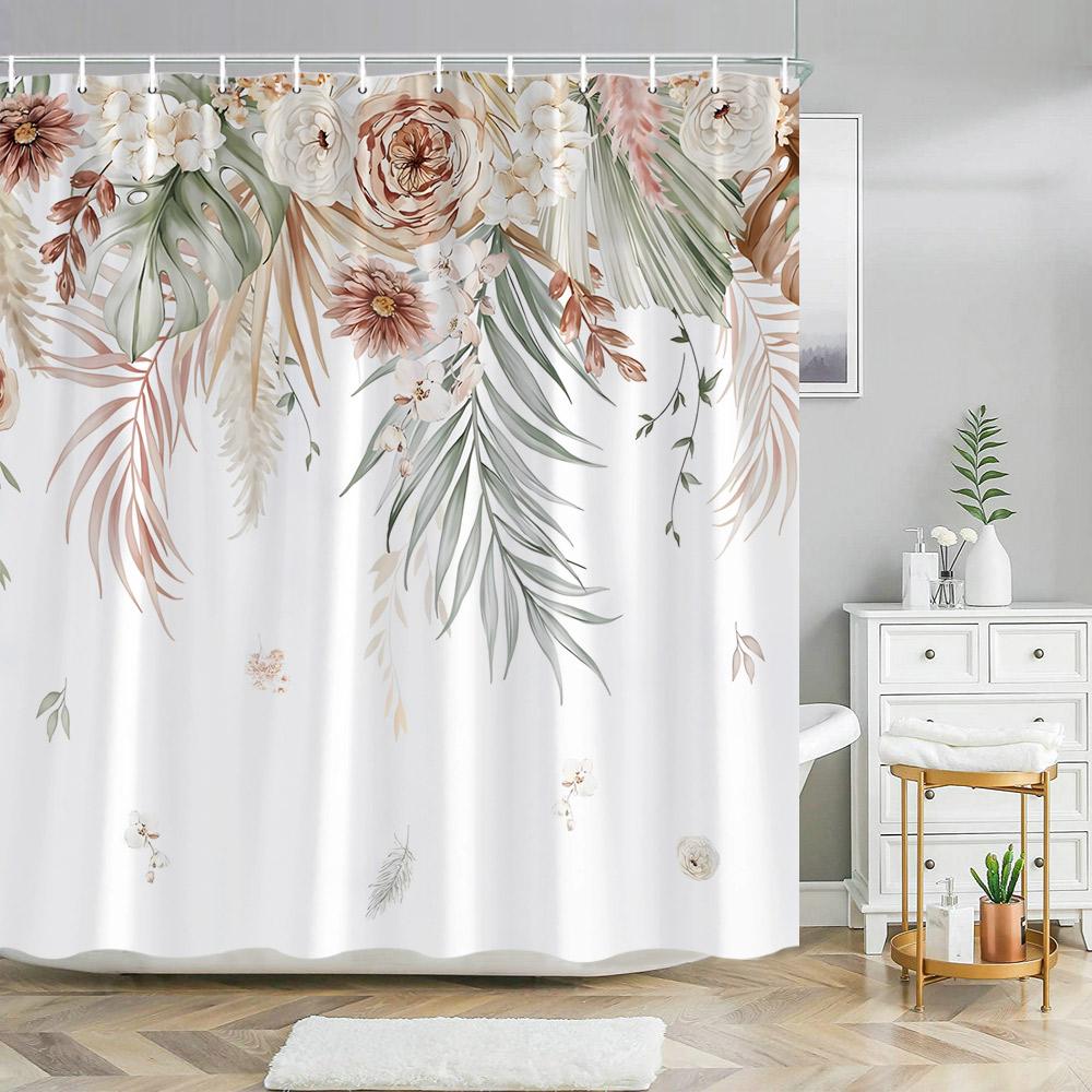 Watercolor Autumn Hanging Leaves Botanical Shower Curtain Fall Thanksgiving Bathroom Bathtubs Decor Easy Care Washable Durable
