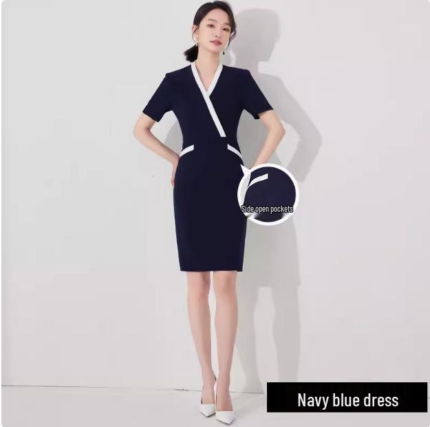 

Женское платье с коротким рукавом в стиле колор-блок темно-синего цвета - Профессиональная рабочая одежда для салонов L