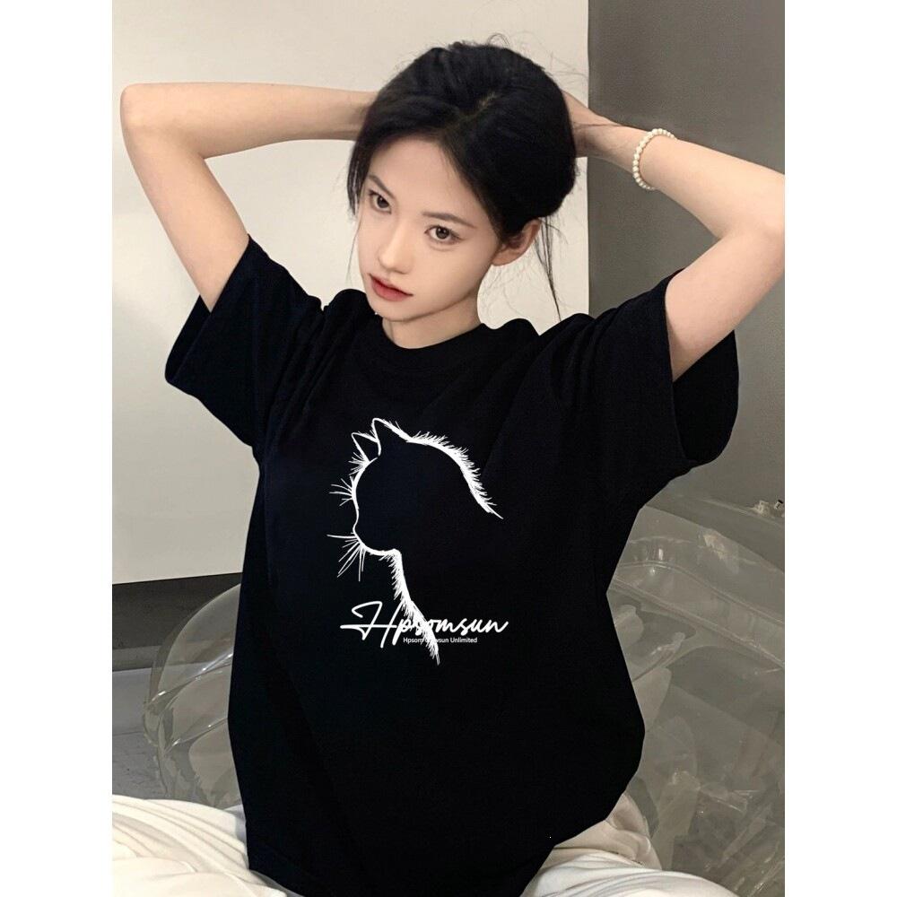 Pure cotton black short-sleeved women's t-shirt new popular summer unique design niche top loose t-shirt