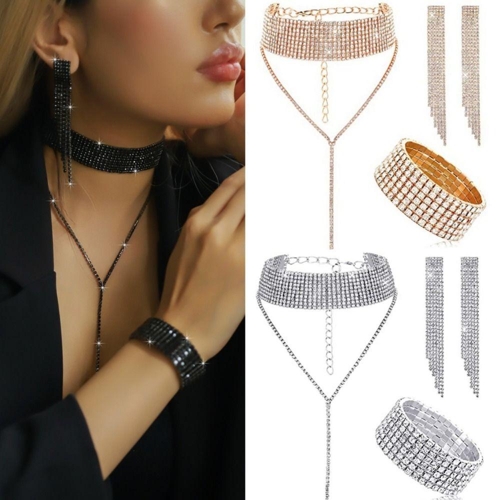 Ensemble Simple Collier Boucles d'Oreilles Bracelet 2/3 pièces Ensemble Collier Incrusté de Strass Fête