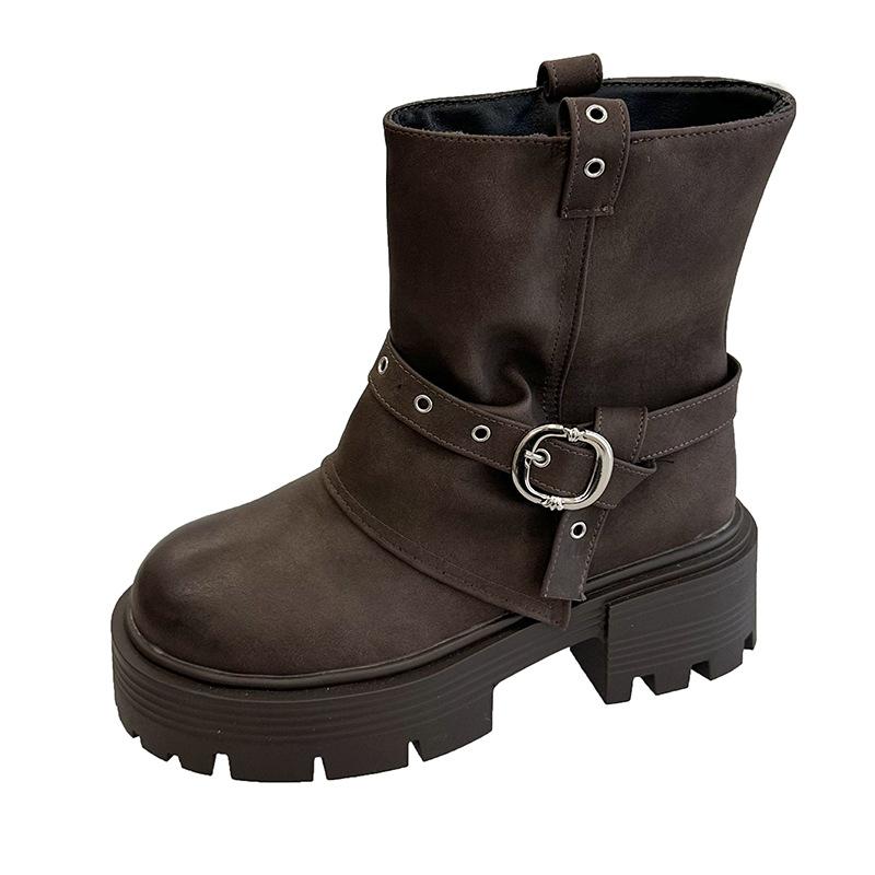 Buckle low women's short boots, round head, beautiful and thin heel, autumn and winter Martin boots, locomotive retro belt, medium tube rad