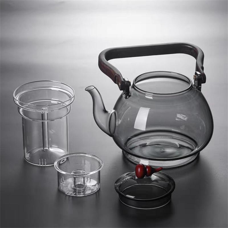 Large Capacity 1000ml Steaming and Boiling Heat-resistant Glass Teapots With Infuser Filter Wooden Handle Lifting Beam Tea Pot