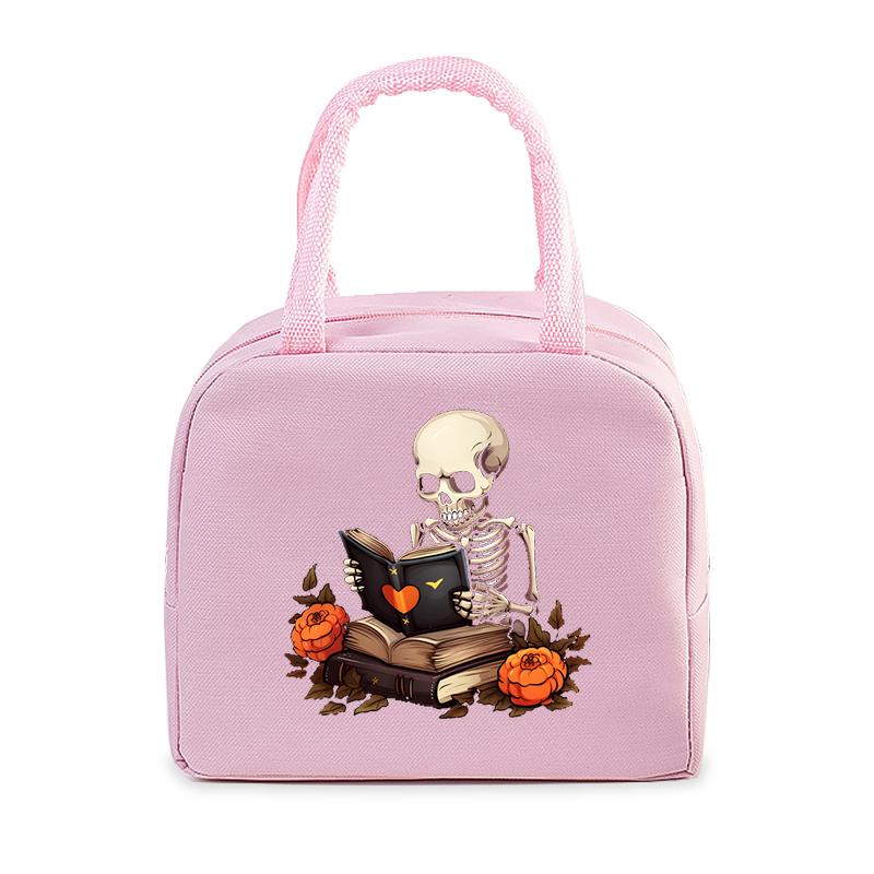 Skull Reading Books Print Lunch Bag Men and Women Vintage Style Graphics Thermal Handbags Thickened Insulation Lunch Box Bag