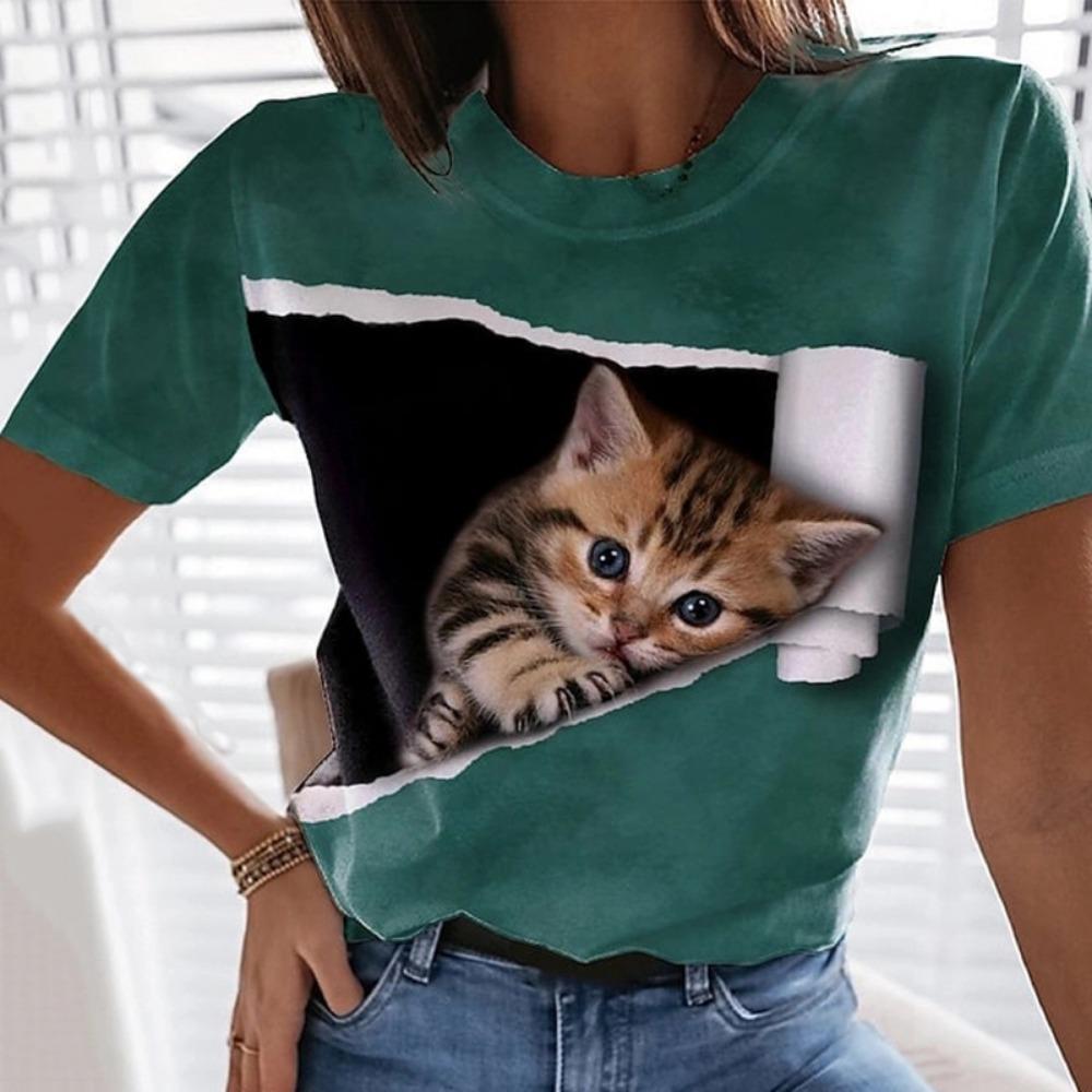 Rabbit and Cat 3D Digital Printed Women's Fashion Casual Round Neck Short Sleeved T-shirt
