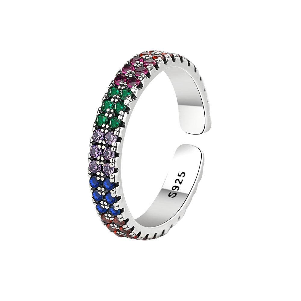 Vintage Colorful Double Row Zircon Open Ring Fashion Jewelry For Women Elegant Adjustable Band Accessory