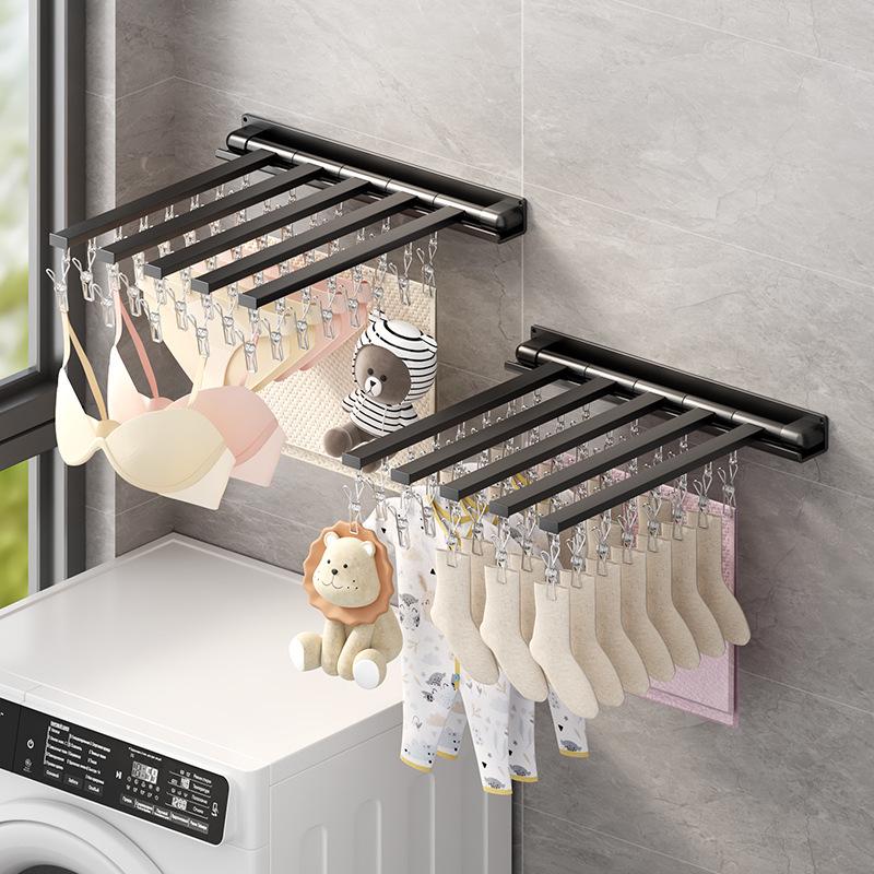 Wall-Mounted Folding Clothes Drying Rack for Socks, Underwear, and Underpants with Clips.