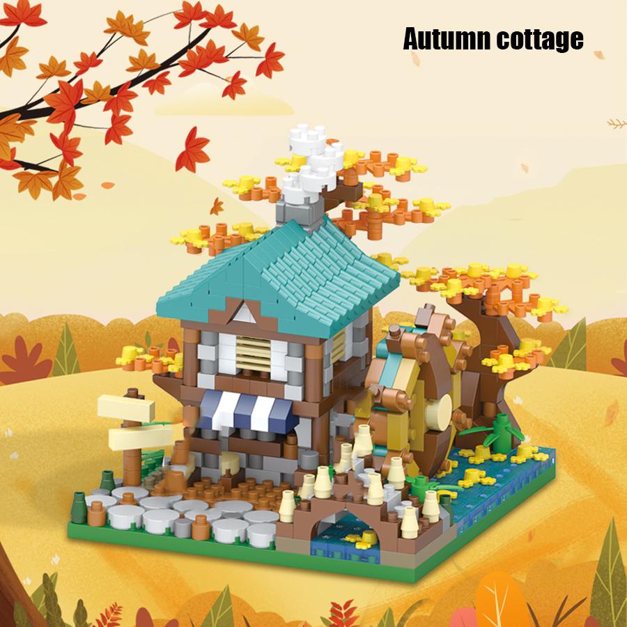 Vier Jahreszeiten Hütte Straßenansicht Bausteine Mikrosteine Spielzeug Kirschblüten Baumhaus DIY Montage Kinderspielzeug Heimdeko