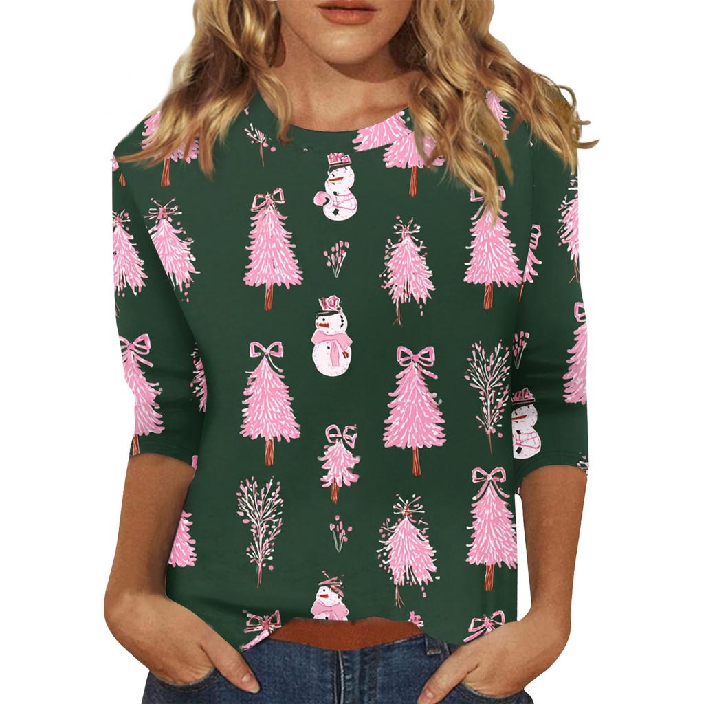 Women's O-Neck 3/4 Sleeve Christmas Print Top
