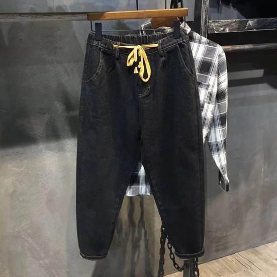 Herre Haremsjeans Elastisk midje Justerbare snøringer Glidelås med knappgylf Denimbukser med lommer Ensfarget Vid