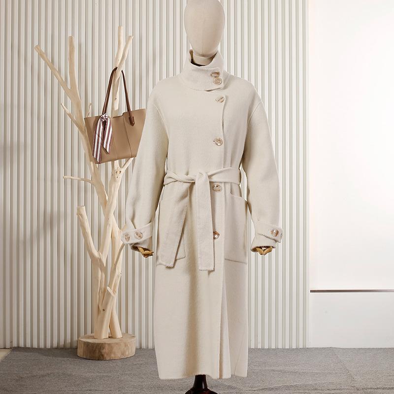 Stand-up collar metal buckle long wool double-sided coat coat thin women's wool coat commuter coat wool