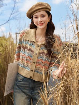 Vintage Wave Stripe Strickjacke 2023 Herbst Kontrastfarbe Polokragen Einreiher Pendeln Kurze Oberteile MXC45Z0227