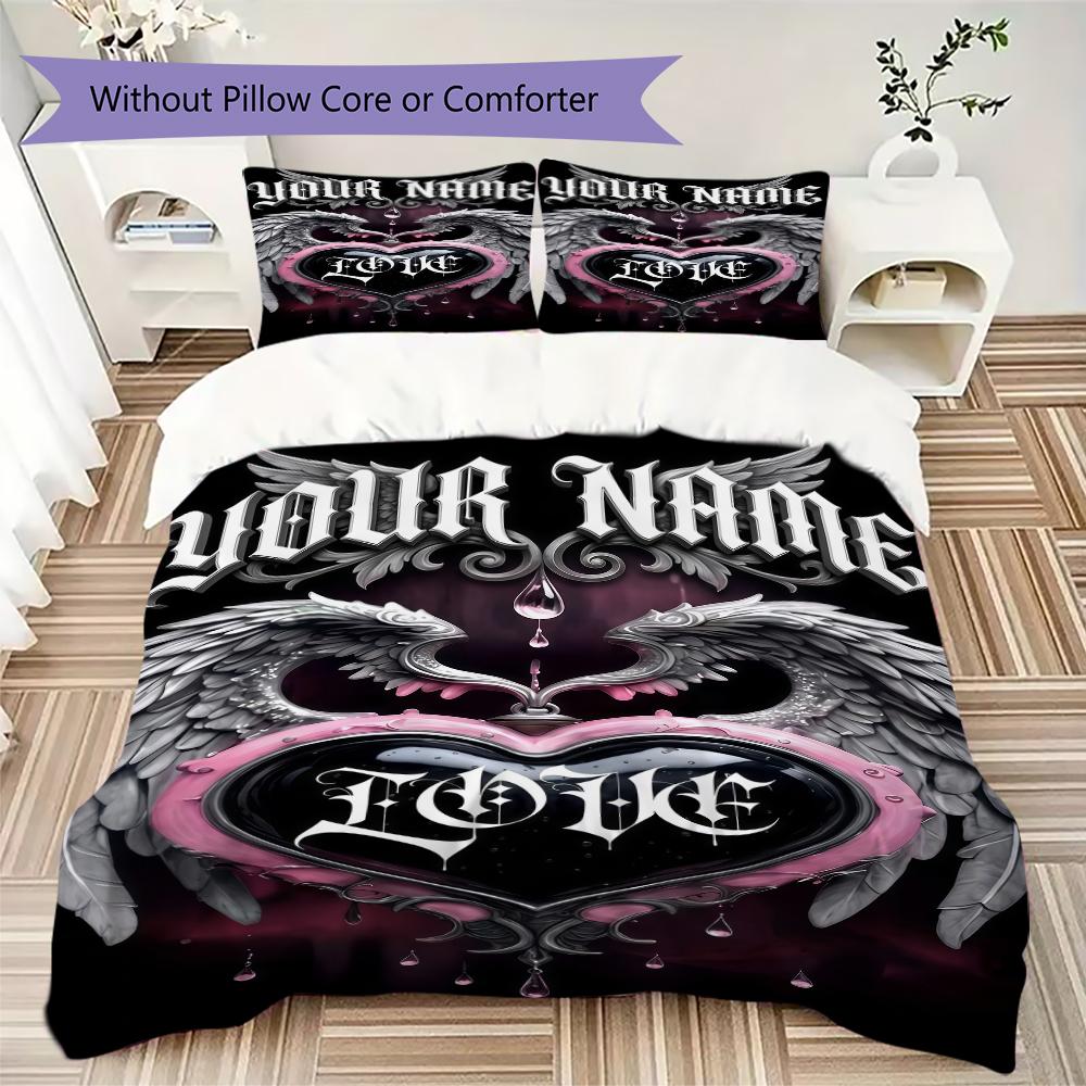 Custom Name Pink Angel Skulls Bedding,Quilt Set Quilt Cover Pillowcase Home Birthday Gift(1 * Duvet Cover + 2 * Pillowcase, Without Core)_lx