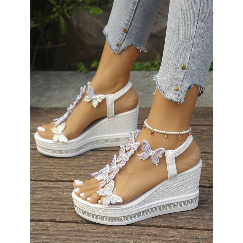 Summer new large size women's wedge heel sandals bow decorative foot cover rhinestone sole high heel sandals
