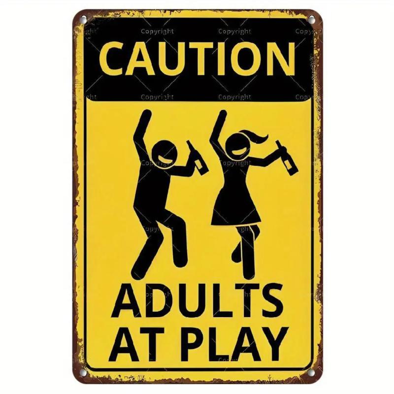 Caution Adults At Play Funny Vintage Retro Metal Tin Sign Bar Party Wall Decor