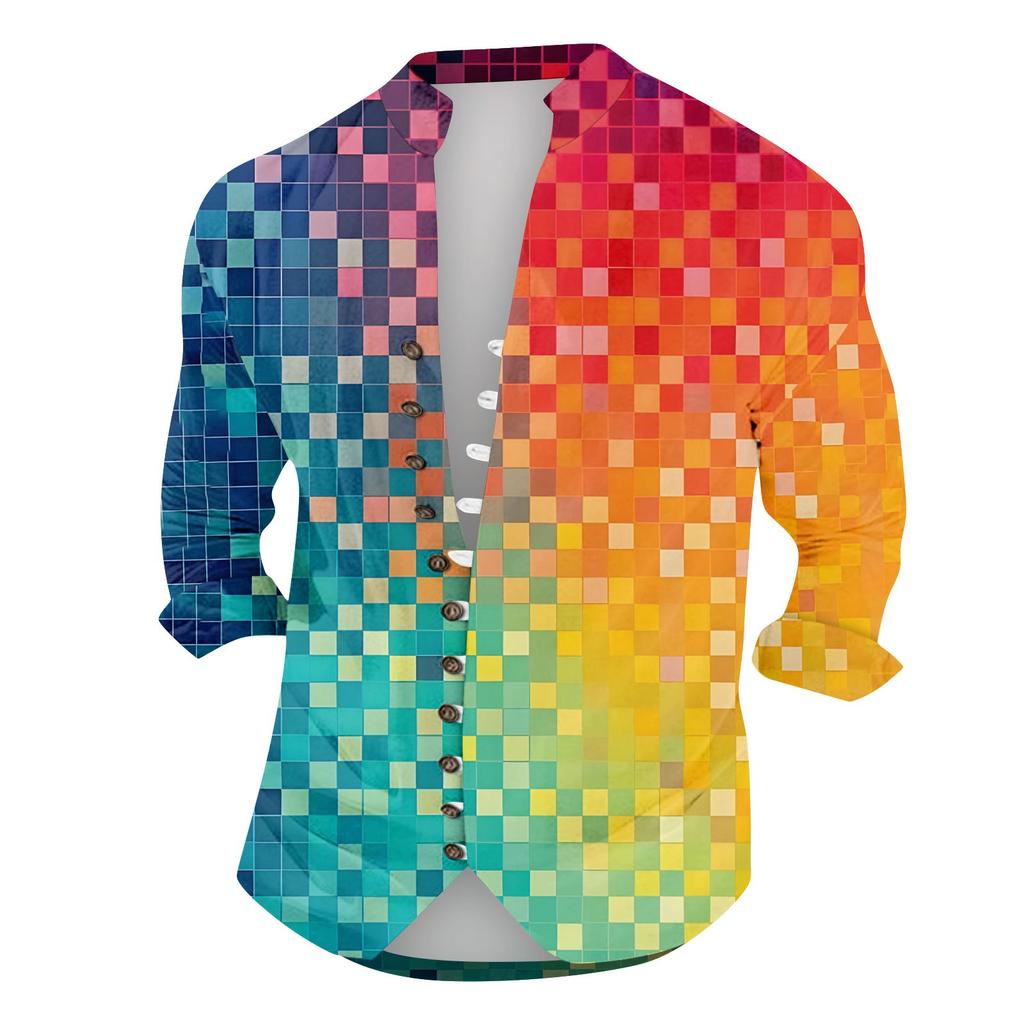 Men'S Retro Casual Loose Fitting Long Sleeved Printed Shirt Fashion Standing Collar Top