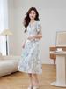 Vintage French Floral Puff Sleeve V-Neck A-Line Dress - Slim Fit Waist-Cinching Summer Long Skirt