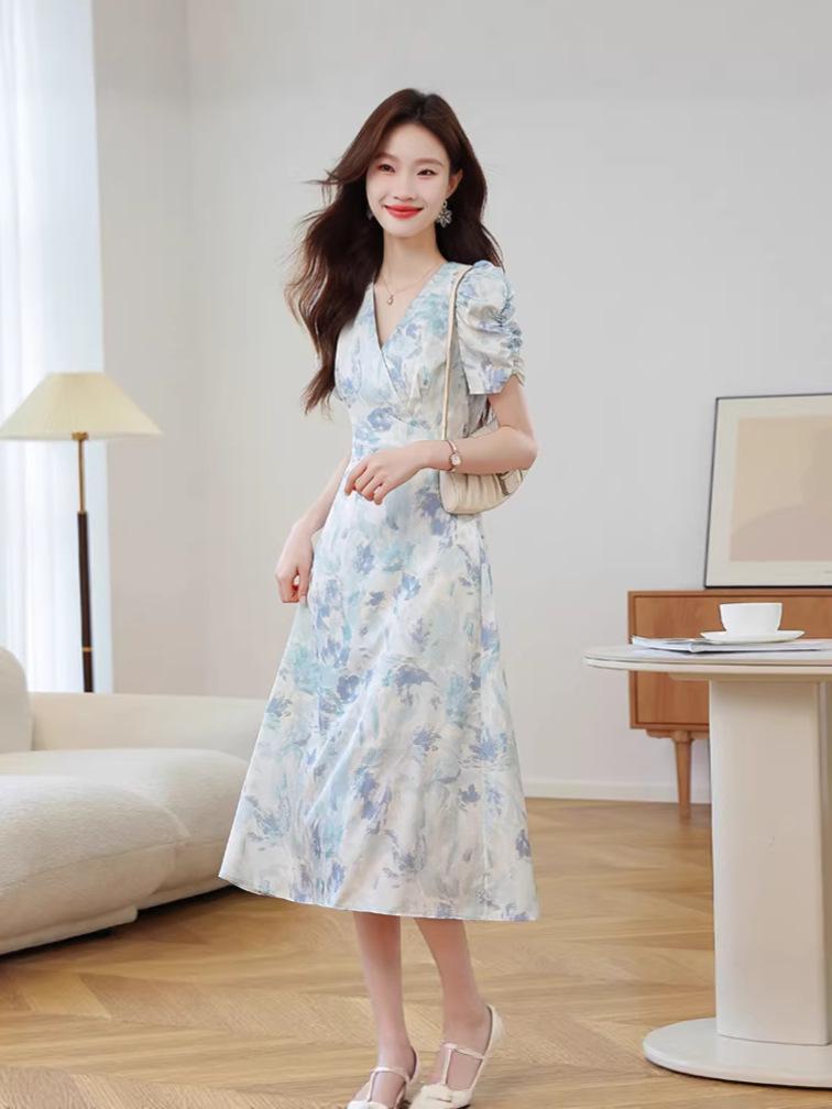 Vintage French Floral Puff Sleeve V-Neck A-Line Dress - Slim Fit Waist-Cinching Summer Long Skirt