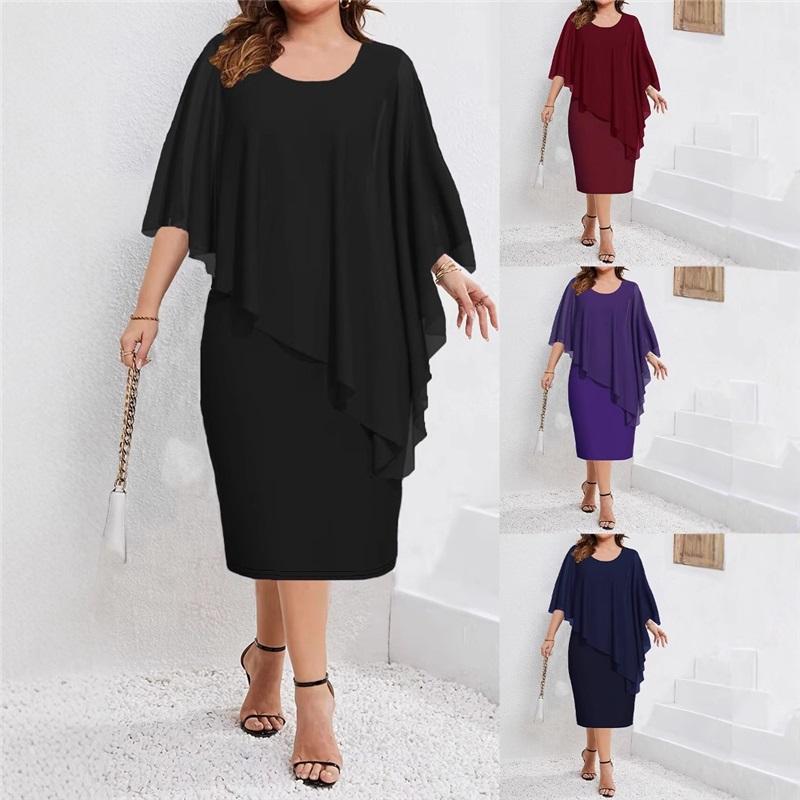 Women Plus Size Chiffon Dress Batwing Sleeve Cape Overlay Casual Midi Dress