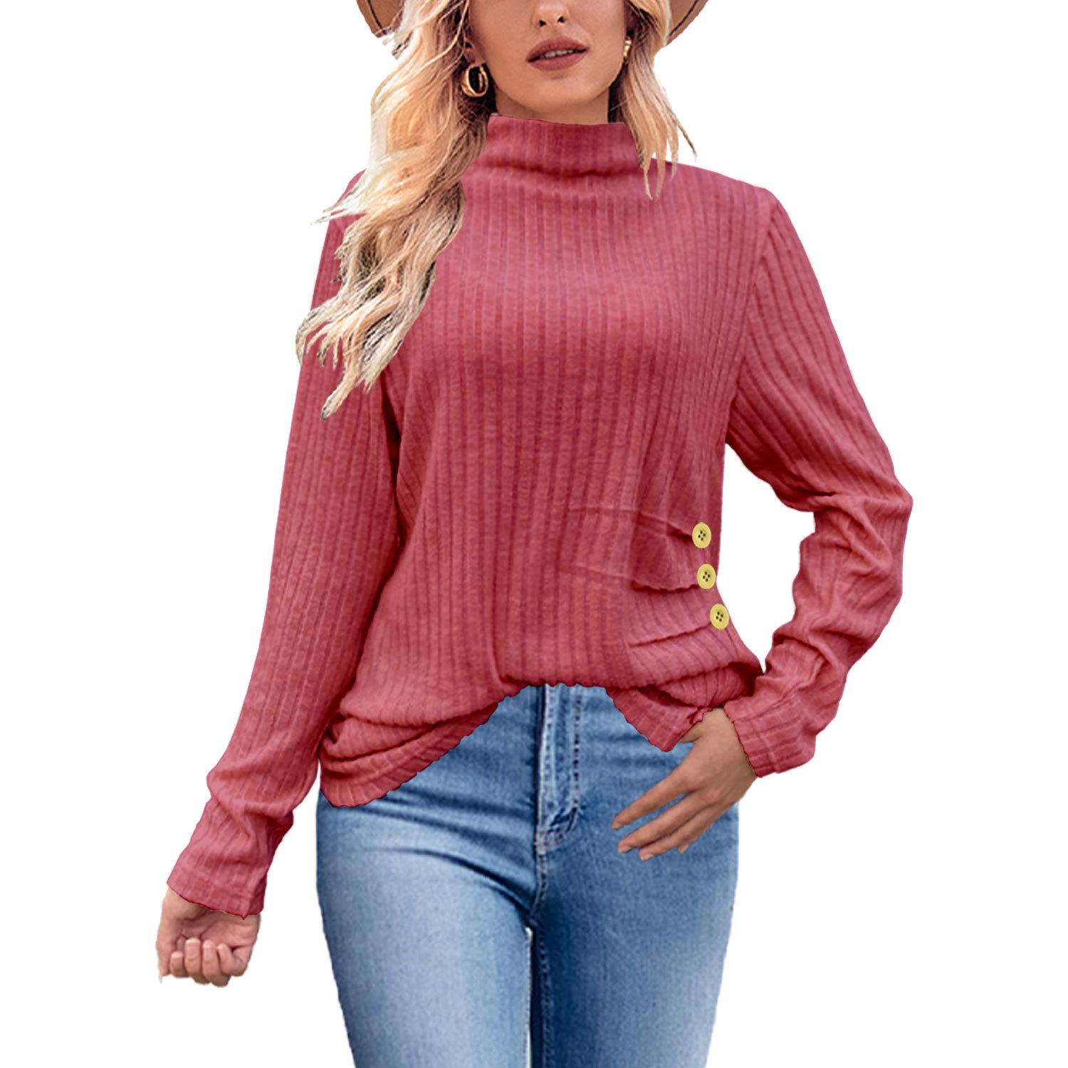 

GMXIA Women s Autumn and Winter Frosted Striped Knitted High-neck Side-buttoned Women s Top Sweaters S бордовый