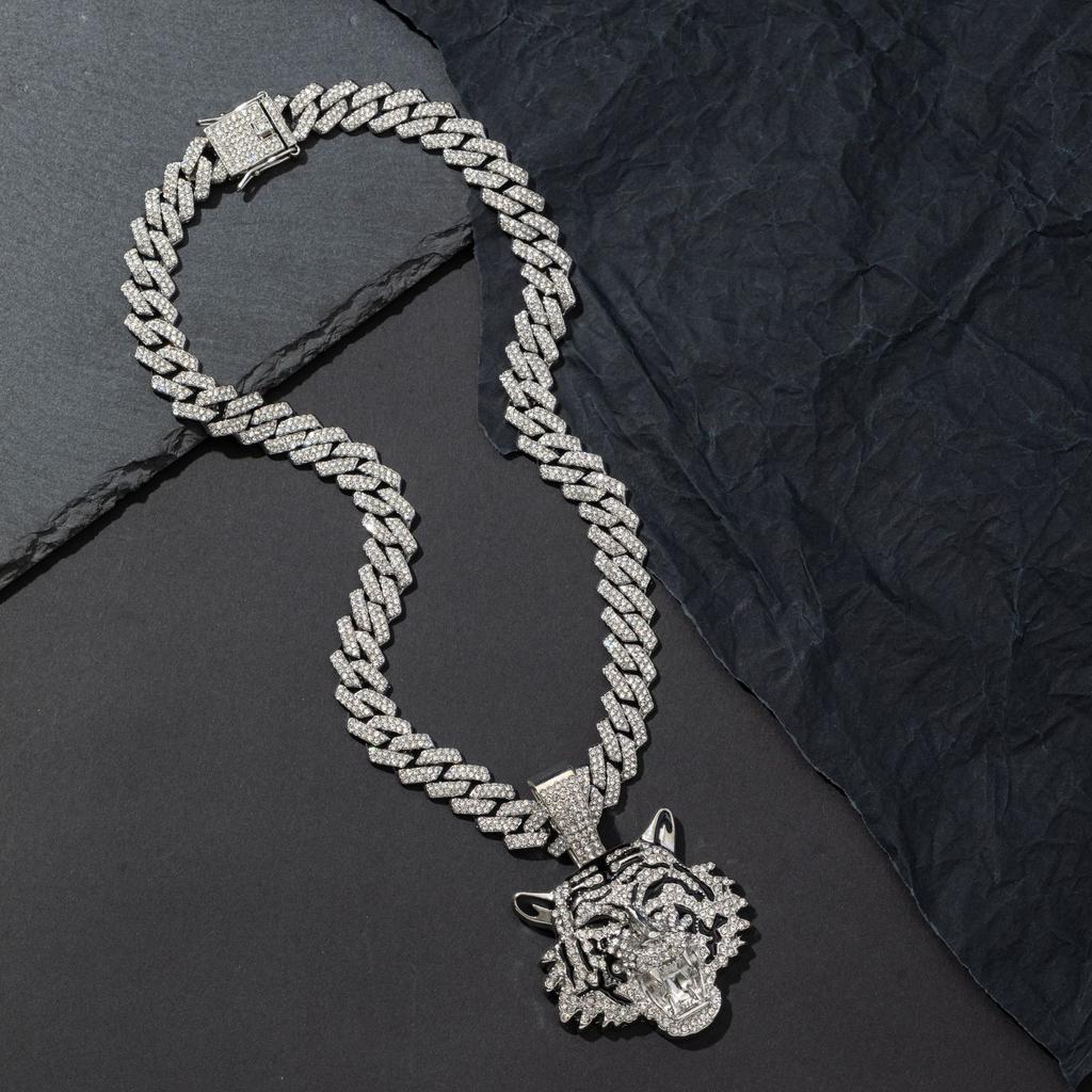 Zinc Alloy Tiger Pendant Necklace Men European American Domineering Punk Hip Hop Cool Full Zircon Personalized Cuban Chain Neck Jewelry Gift