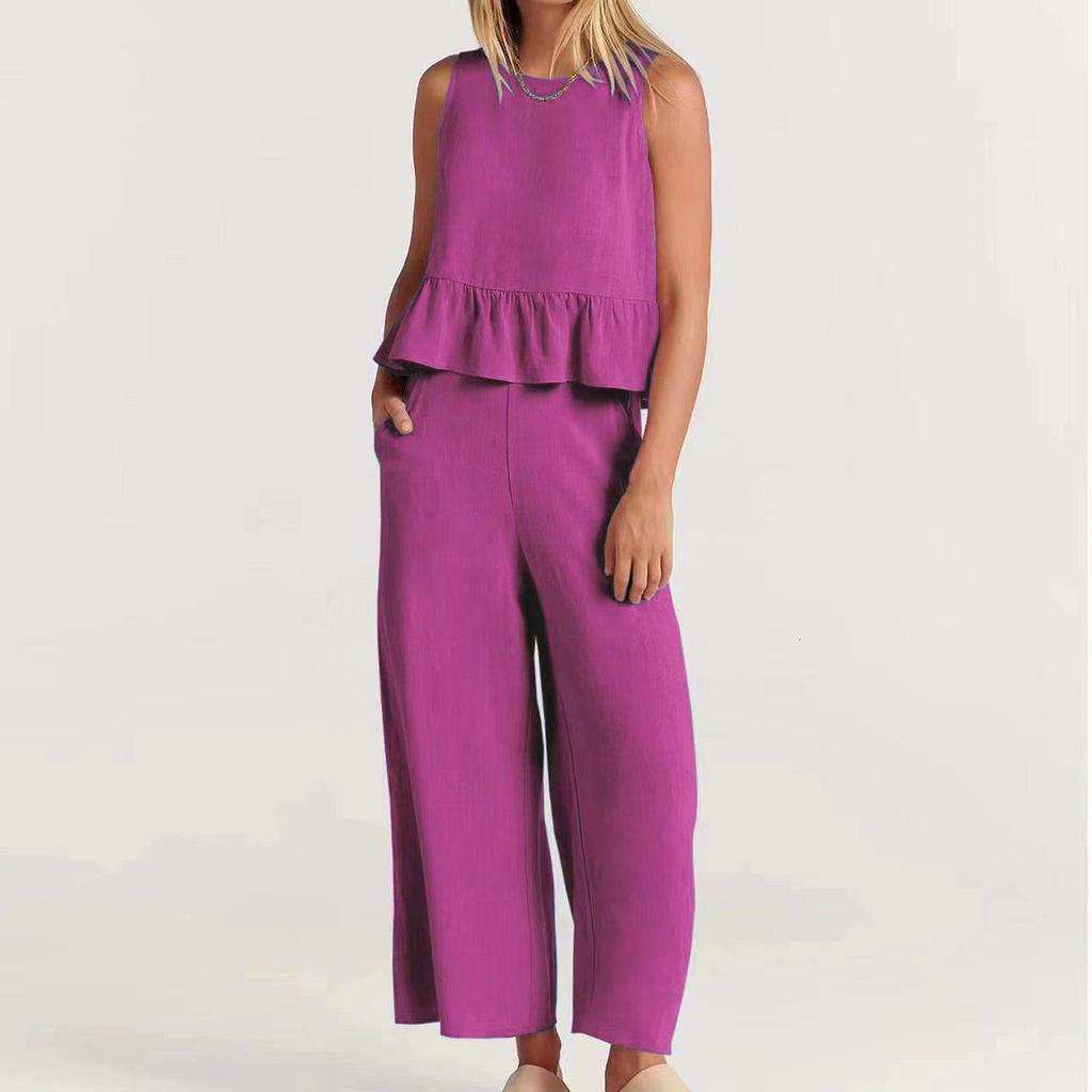 2024 Summer Women's Sleeveless Pleated Vest and Wide-Leg Pants Cotton-Linen Suit