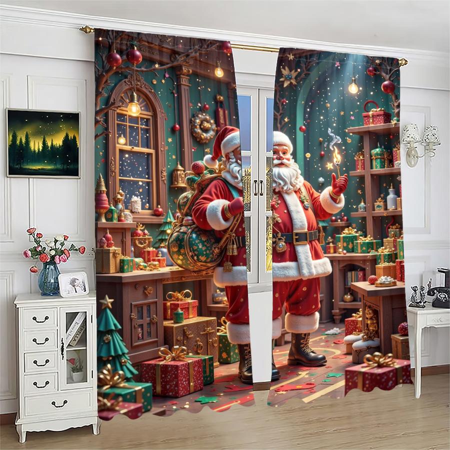 2PCS- Christmas Santa Claus Christmas Tree Pattern Printed Curtains   Christmas Decorations   Home Decorations   Room Decorations