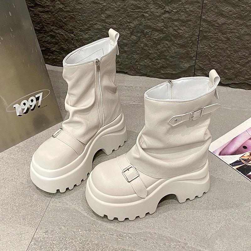 Women Leather Boots New Winter Motorcycle Boots 9.5CM Wedge Heels High Platform Chunky Shoes Woman Autumn Thick Sole Punk Boots
