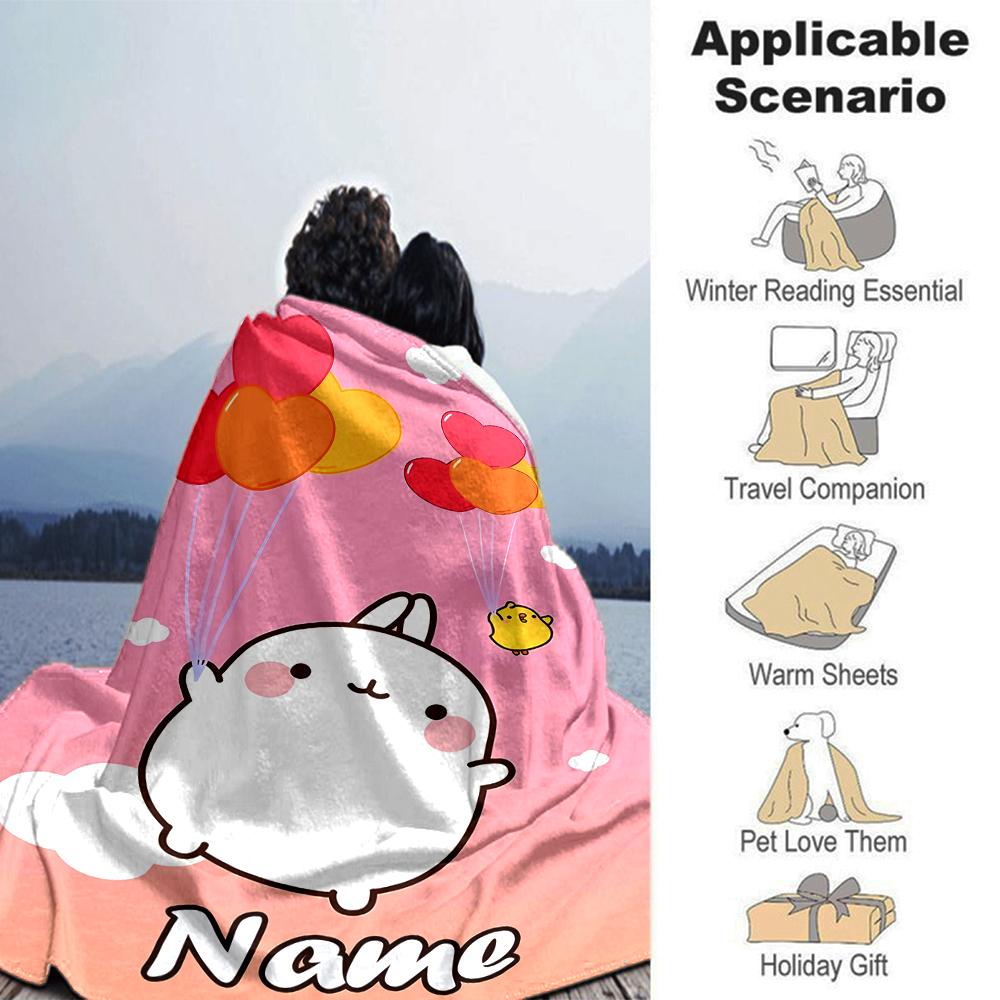 Customiz Name Personality Molang Blanket Soft &Warm Sofa Office Bed Travel Lunch Break Blanket, Gift Suitable All Seasons
