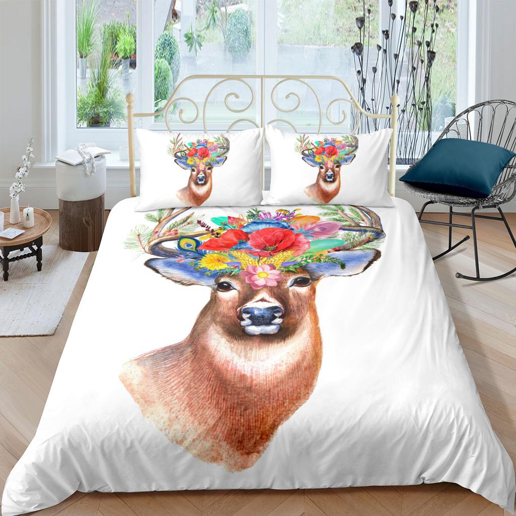 Deer Duvet Cover King/Queen SizeWildlife Bucks Fire Pattern Print Bedding Set For Teens Adults MenBrown Elk Animal Quilt Cover