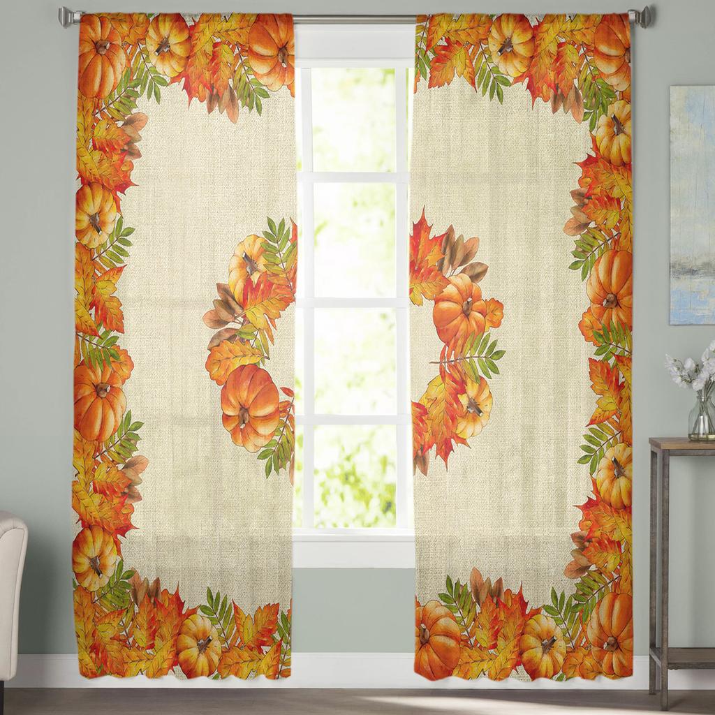 Thanksgiving Herbst Kürbis Ahornblatt Transparente Vorhänge für Wohnzimmer Schlafzimmer Heimdeko Küche Tüll für Fenster Voile Vorhänge
