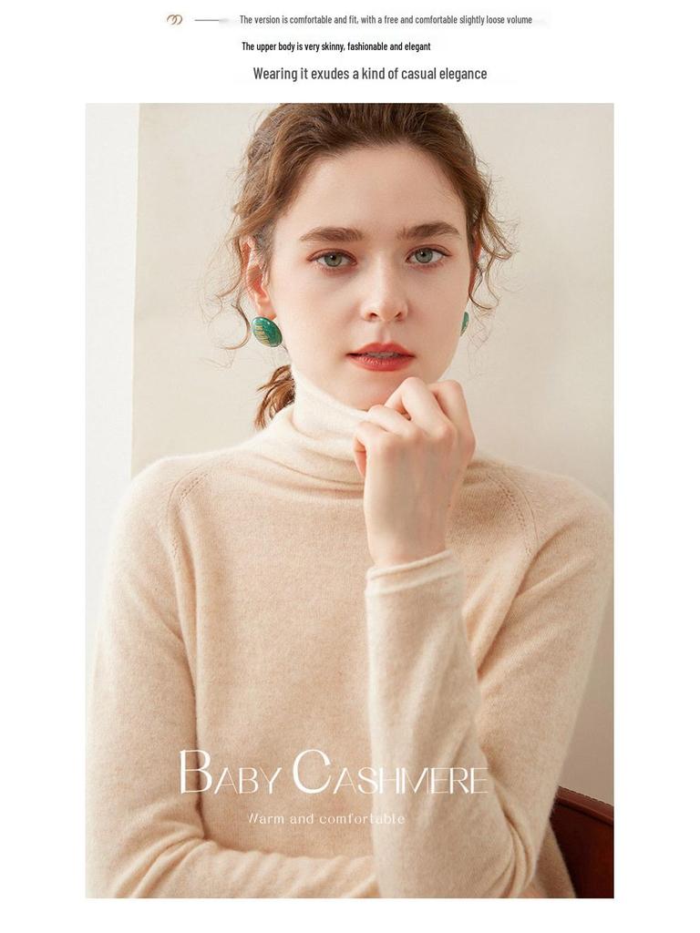 High-End Women's Loose Fit Cashmere Turtleneck Sweater with Rolled Edge