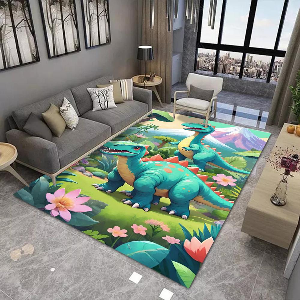 Cartoon Dinosaur Carpet Mat T-Rex Triceratops Prehistoric Landscape Kids Room Educational Colorful Playful Home Decoration Rug